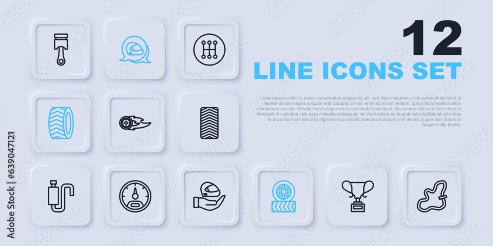 Set line Award cup, Racing track, Wheel fire flame, Car tire wheel, Speedometer, helmet and icon. Vector Set line Award cup, Racing track, Wheel fire flame, Car tire wheel, Speedometer, helmet and icon. Vector