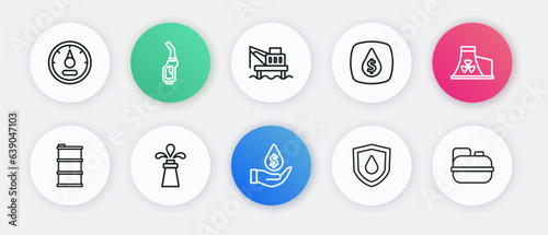 Set line Oil drop with dollar symbol, Nuclear power plant, Barrel oil, on shield, platform in the sea, Canister gasoline and rig icon. Vector
