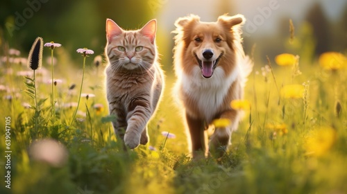 Two cute furry friends striped cat and cheerful dog are walking in a sunny spring meadow