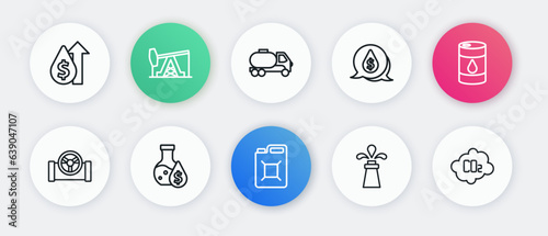 Set line Canister for gasoline, Barrel oil, Oil pipe with valve, rig, drop dollar symbol, Tanker truck, CO2 emissions cloud and petrol test tube icon. Vector