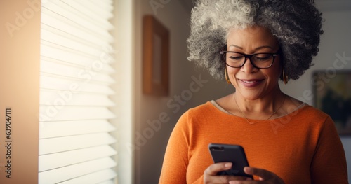 Black elderly woman with phone smiling. ai generation