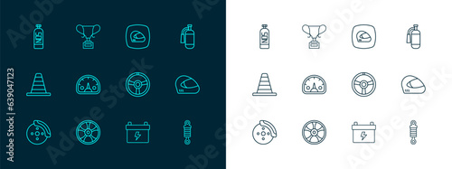 Set line Fire extinguisher, Alloy wheel for car, Racing steering, Car battery, Speedometer, helmet, Nitrous oxide and Award cup icon. Vector