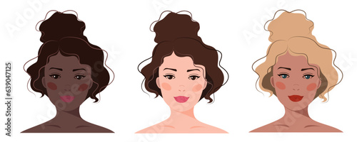 Set of portraits of women of different skin color. Diversity. Vector flat illustration. Avatar for a social network. Vector flat illustration, web, design, beauty, make up and social media.