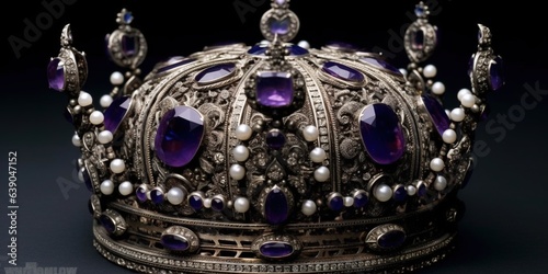 A silver crown with a purple stone on top of it