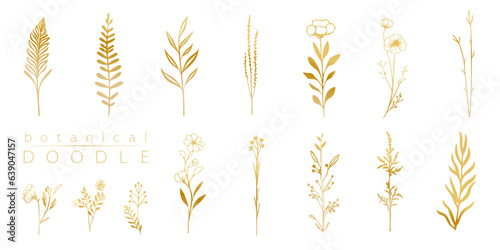 Botanical golden doodle set of branches. Hand drawn leaves and herbals, wedding invitation and cards, logo design and posters template. Elegant minimal style floral vector isolated set