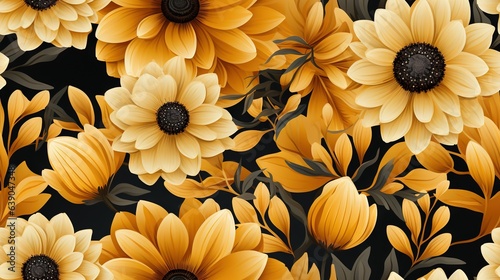  a bunch of yellow sunflowers with leaves on a black background. generative ai