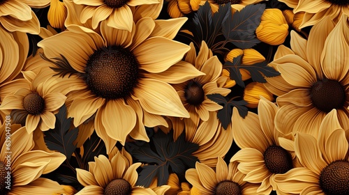  a lot of yellow sunflowers with black leaves on a black background. generative ai