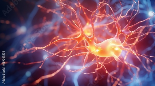 The brain's neural network, complex nervous system, cell's close-up displaying neurons and synapse-like structures illustrating brain chemistry.. ai generation