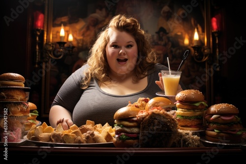 Fat woman with a burger taking a selfie, not a healthy diet, copy space