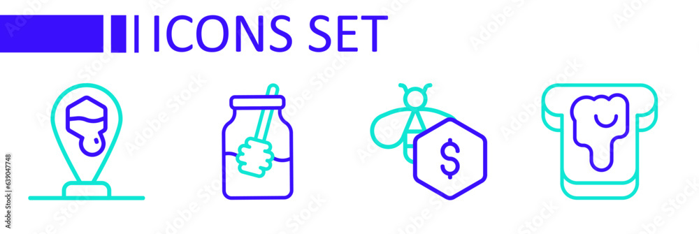Set line Bread with honey, Sale of bees, Jar and dipper stick and Honeycomb location icon. Vector Set line Bread with honey, Sale of bees, Jar and dipper stick and Honeycomb location icon. Vector