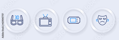 Set line Drama theatrical mask, Cinema ticket, Retro tv and 3D cinema glasses icon. Vector