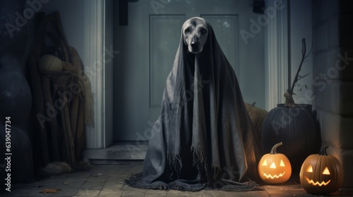 Dog sit as a ghost for halloween in front of the door at home entrance with pumpkin lantern or light , scary and spooky
