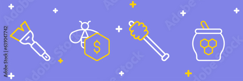 Set line Jar of honey and dipper stick, Honey, Sale bees and Beekeeping brush icon. Vector