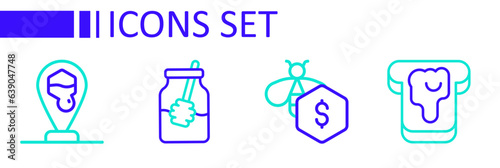 Set line Bread with honey, Sale of bees, Jar and dipper stick and Honeycomb location icon. Vector