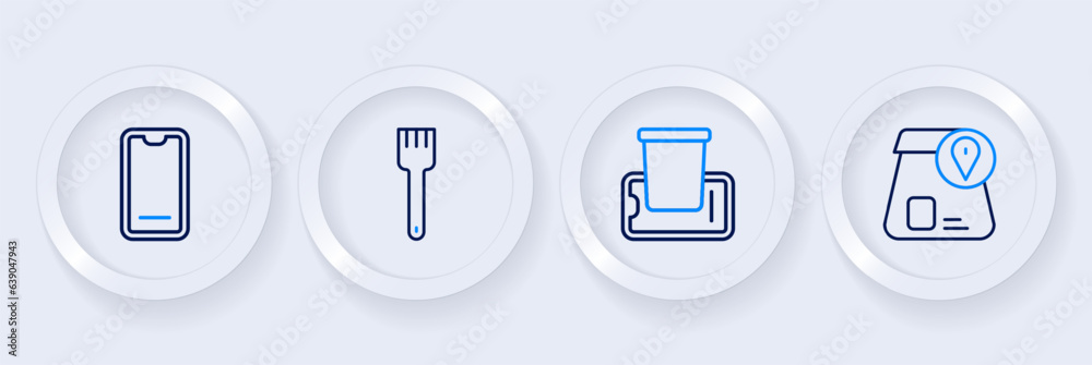 Set line Online ordering food, Food on mobile, Fork and icon. Vector Set line Online ordering food, Food on mobile, Fork and icon. Vector