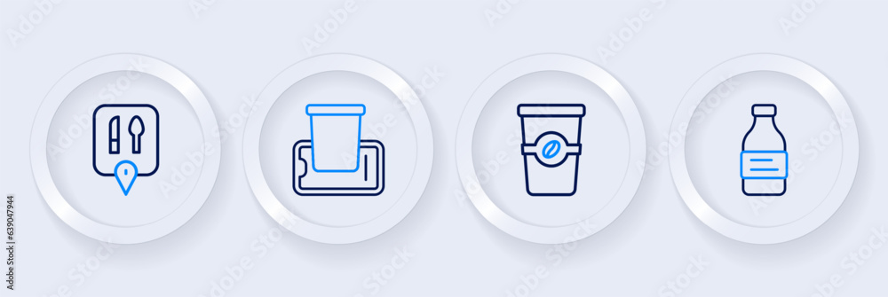 Set line Bottle of water, Coffee cup to go, Food ordering on mobile and Cafe and restaurant location icon. Vector Set line Bottle of water, Coffee cup to go, Food ordering on mobile and Cafe and restaurant location icon. Vector
