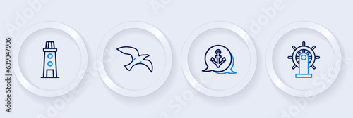 Set line Ship steering wheel, Anchor, Bird seagull and Lighthouse icon. Vector