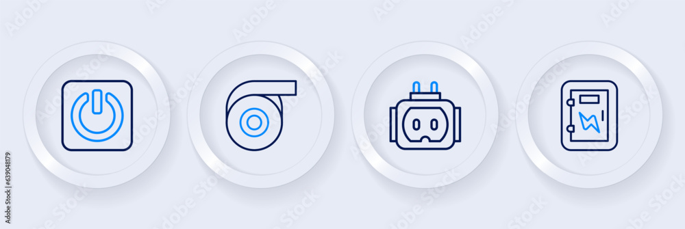 Set line Electrical panel, Tee plug electric, Roll adhesive tape and Power button icon. Vector Set line Electrical panel, Tee plug electric, Roll adhesive tape and Power button icon. Vector