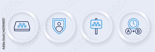 Set line Taxi waiting time, Road sign for taxi stand, Life insurance with shield and car roof icon. Vector