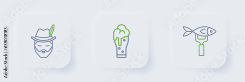 Set line Dried fish, Glass of beer and Oktoberfest man icon. Vector