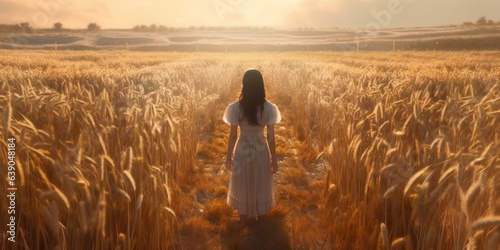 An anime girl standing in a big field of wheat, peaceful place, generative ai technology