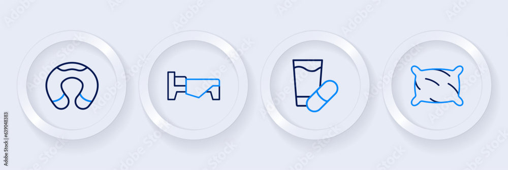 Set line Pillow, Sleeping pill, Bed and Travel neck pillow icon. Vector Set line Pillow, Sleeping pill, Bed and Travel neck pillow icon. Vector