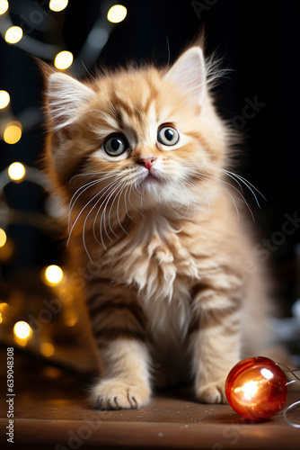 Small kitten is playing with a Christmas ball, a basket with New Year's decor. 