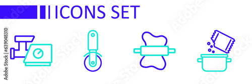 Set line Cooking pot and spice, Rolling pin on dough, Pizza knife and Kitchen meat grinder icon. Vector