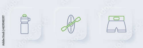 Set line Boxing short, Kayak and paddle and Fitness shaker icon. Vector