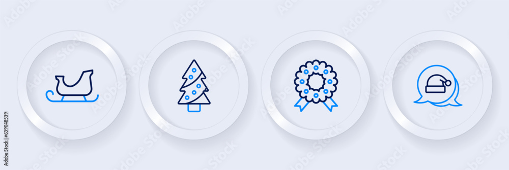 Set line Christmas Santa Claus hat, wreath, tree and santa claus sleigh icon. Vector Set line Christmas Santa Claus hat, wreath, tree and santa claus sleigh icon. Vector