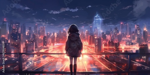 Anime girl in front of a big city, blurry city illustration