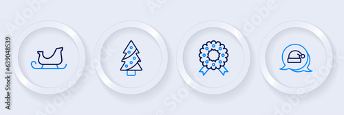 Set line Christmas Santa Claus hat, wreath, tree and santa claus sleigh icon. Vector