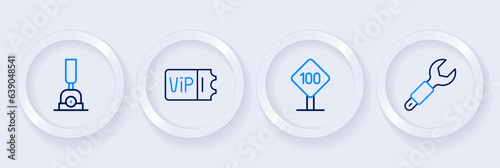 Set line Wrench spanner, Speed limit traffic sign 100 km, Train ticket and Arrow for switching the railway icon. Vector