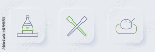 Set line Mochi, Food chopsticks and Bottle of sake icon. Vector