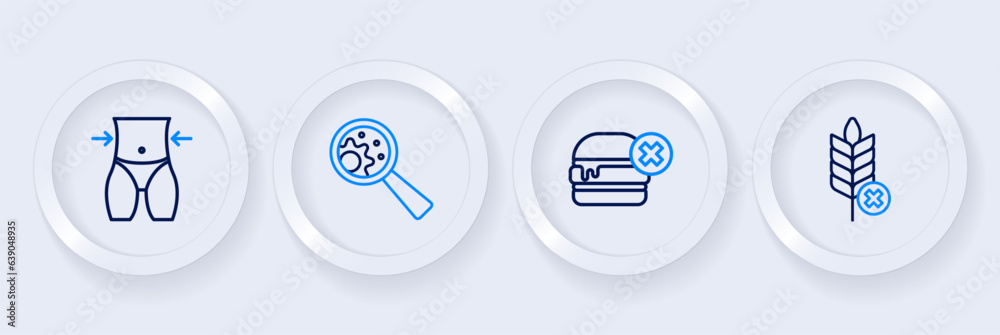 Set line Gluten free grain, No burger, GMO and Women waist icon. Vector Set line Gluten free grain, No burger, GMO and Women waist icon. Vector