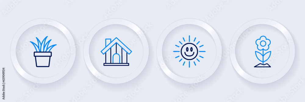 Set line Flower, Sun, Farm house and Plant in pot icon. Vector Set line Flower, Sun, Farm house and Plant in pot icon. Vector
