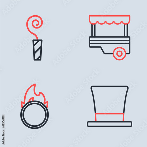 Set line Fast street food cart, Circus fire hoop, Cylinder hat and Birthday party horn icon. Vector