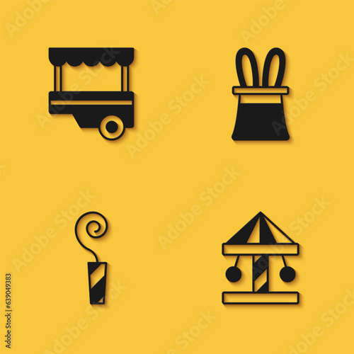 Set Fast street food cart, Attraction carousel, Birthday party horn and Magician hat and rabbit ears icon with long shadow. Vector