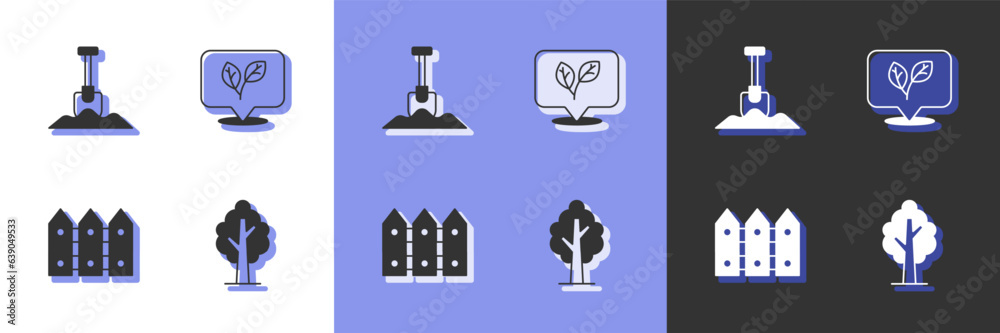Set Tree, Shovel, Garden fence wooden and Leaf icon. Vector