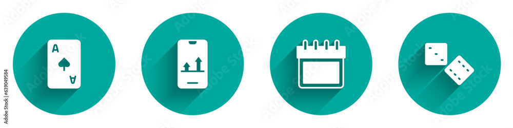 Set Playing card with spades symbol, Online sports betting, Calendar and Game dice icon with long shadow. Vector Set Playing card with spades symbol, Online sports betting, Calendar and Game dice icon with long shadow. Vector