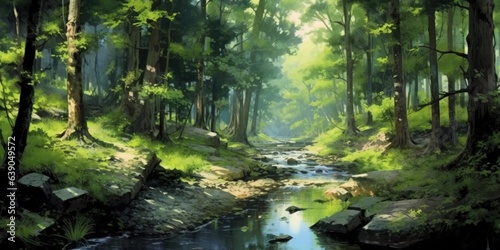 Beautiful landscape scene in the forest with a small river, anime painting