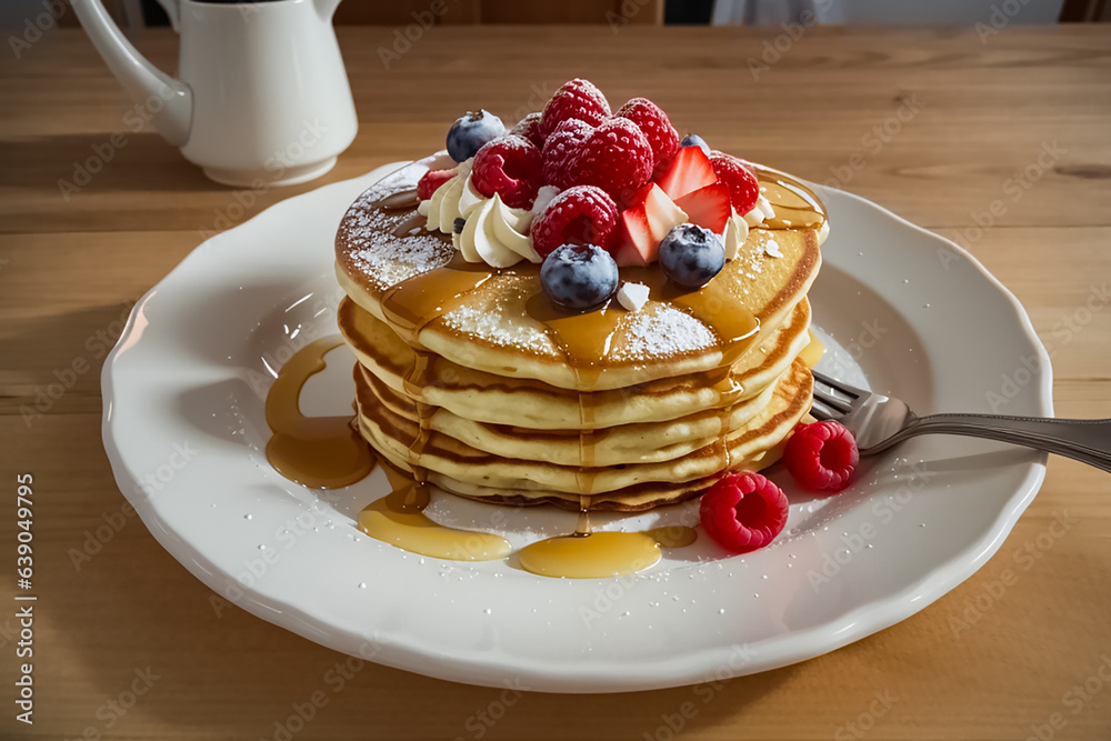 Pancakes with blueberries, strawberries, raspberries, honey, mint Pancakes with blueberries, strawberries, raspberries, honey, mint