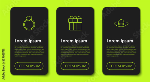 Set line Diamond engagement ring, Gift box and heart and Elegant women hat. Business infographic template. Vector