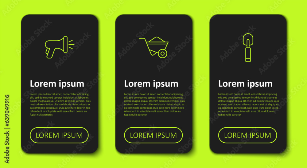 Set line Garden hose, Wheelbarrow and trowel spade or shovel. Business infographic template. Vector Set line Garden hose, Wheelbarrow and trowel spade or shovel. Business infographic template. Vector