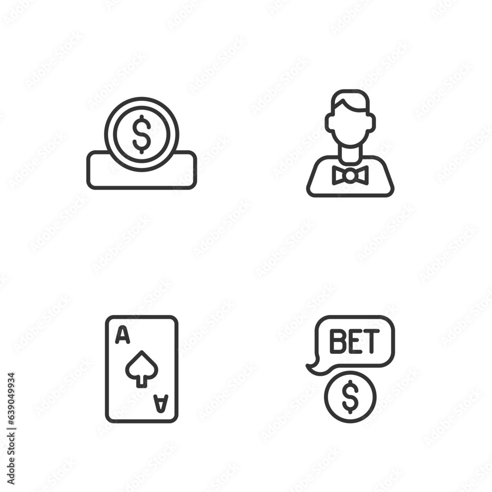 Set line Casino chip with dollar, Playing card spades symbol, Coin money and dealer icon. Vector Set line Casino chip with dollar, Playing card spades symbol, Coin money and dealer icon. Vector