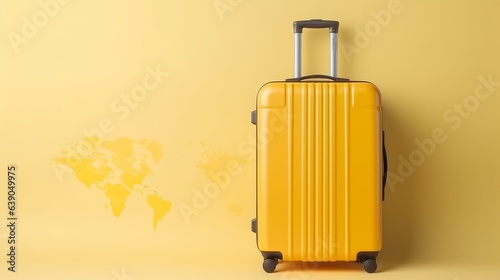 Flat lay yellow suitcase with traveler accessories on white bright background. travel concept