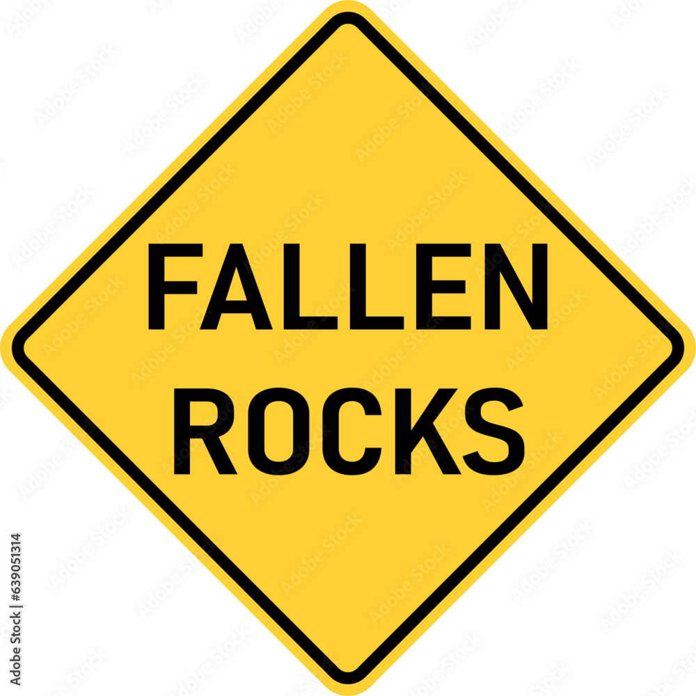 Vector graphic of a usa Fallen Rocks highway sign. It consists of the wording Fallen Rocks within a black and yellow square tilted to 45 degrees Vector graphic of a usa Fallen Rocks highway sign. It consists of the wording Fallen Rocks within a black and yellow square tilted to 45 degrees