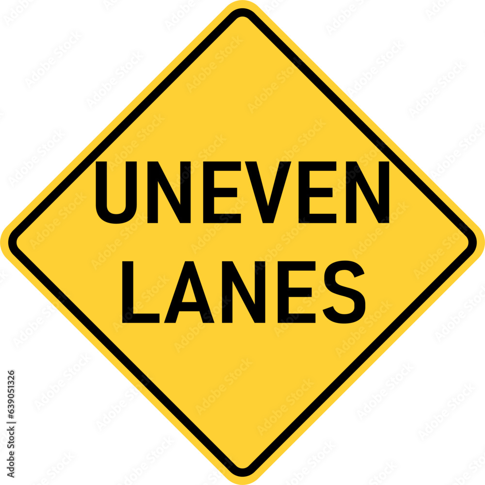 Vector graphic of a usa Uneven Lanes highway sign. It consists of the wording Uneven Lanes within a black and yellow square tilted to 45 degrees Vector graphic of a usa Uneven Lanes highway sign. It consists of the wording Uneven Lanes within a black and yellow square tilted to 45 degrees
