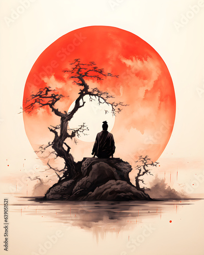 Bonsai by the Sun with Samurai (Ai Generative)