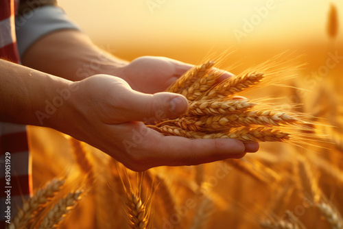 Hand holding a bundle of golden wheat, illuminated by bright sunlight, representing agriculture, harvest, and abundance. © vefimov